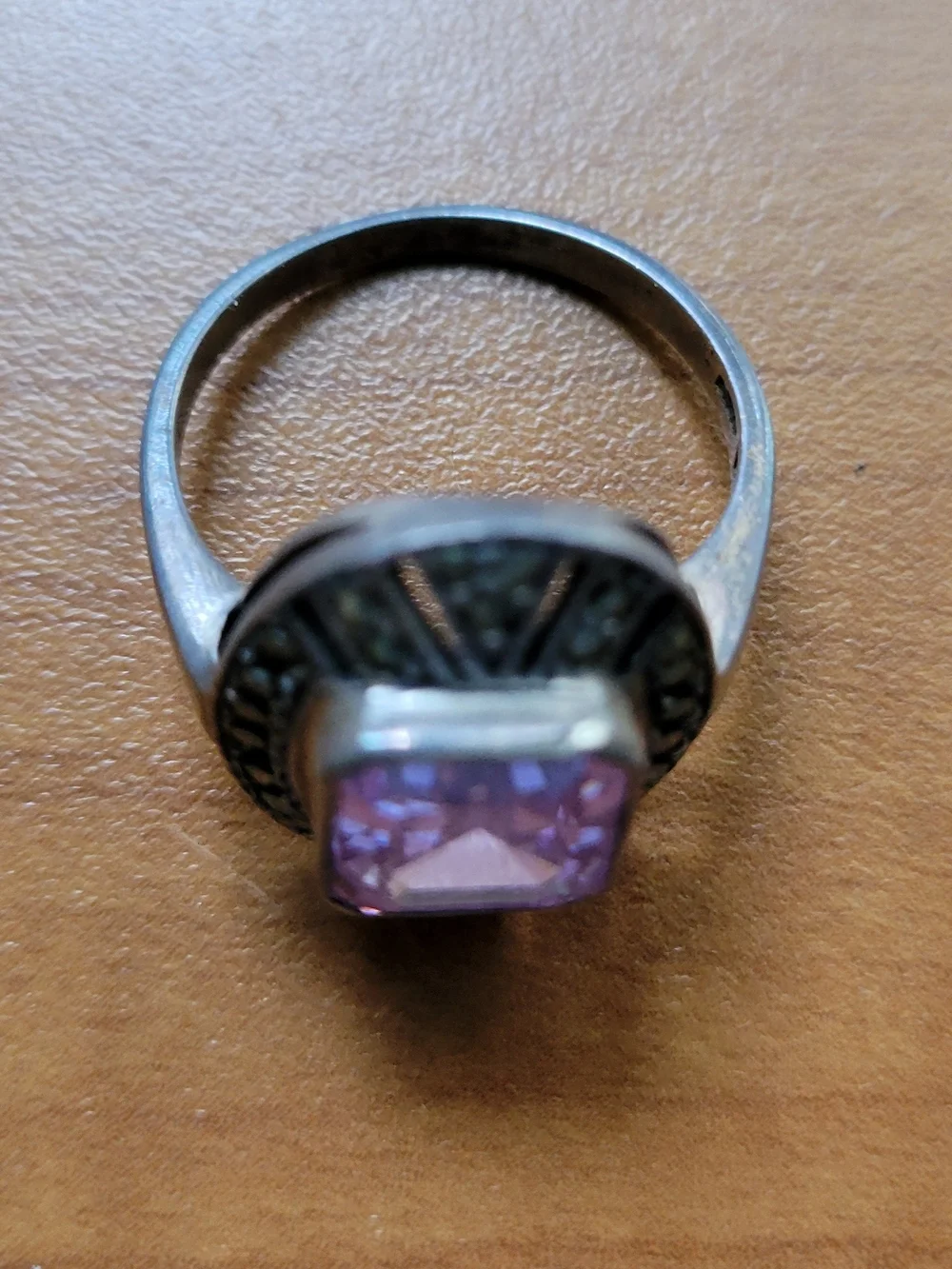 Vintage Silver-Tone Purple Glass Marcasite-Style Statement Ring